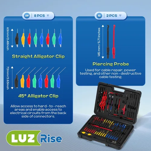 Miniatura 6 de Kit de cables de prueba de multímetro automotriz de 110 piezas con clips de cocodrilo, tapones de plátano y sondas, herramienta profesional