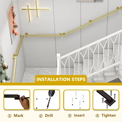Miniatura 5 de Barandillas doradas para escaleras, barandillas modernas con soportes de hierro forjado y tornillos de metal, barra de seguridad para interiores