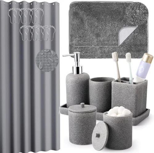 Miniatura 21 de Juego de baño de resina de 6 piezas color beige completo con soporte para cepillos de dientes, dispensador de jabón de loción, 2 dispensadores