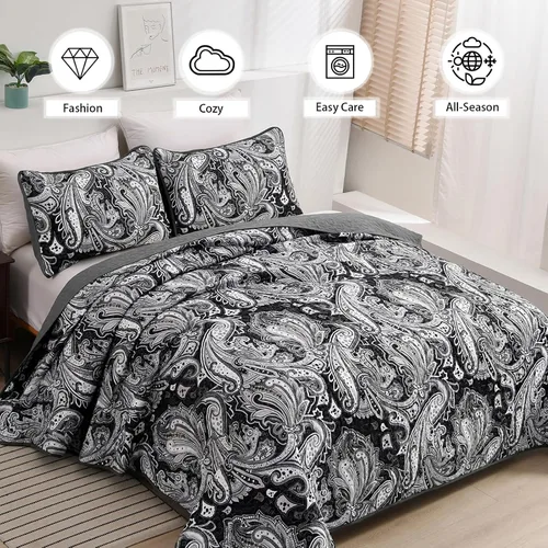 Miniatura 3 de DJY Juego de colcha de tamaño King con patrón de cachemira negro bohemio, juego de cubrecama de 3 piezas, ropa de cama suave y ligera