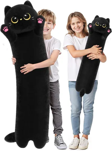 Miniatura 12 de Almohada larga de felpa negra ultra suave diseñada por artistas de Mewaii, con relleno extra para mayor comodidad, peluche de animal de alta