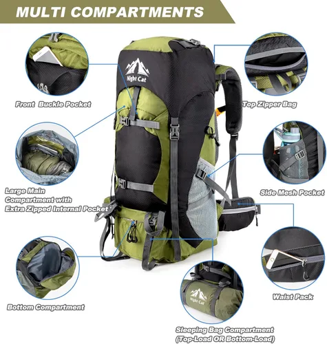 Miniatura 4 de Night Cat Mochilas de senderismo 70L para acampada y senderismo para hombres y mujeres, ligeras para actividades al aire libre y montañismo, sin