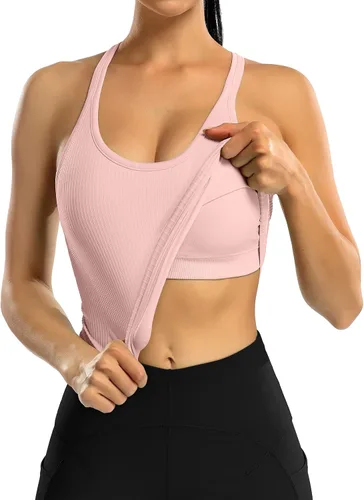Miniatura 40 de ATTRACO Camiseta corta acanalada de entrenamiento para mujer con brasier integrado para yoga, espalda cruzada, ajuste ajustado