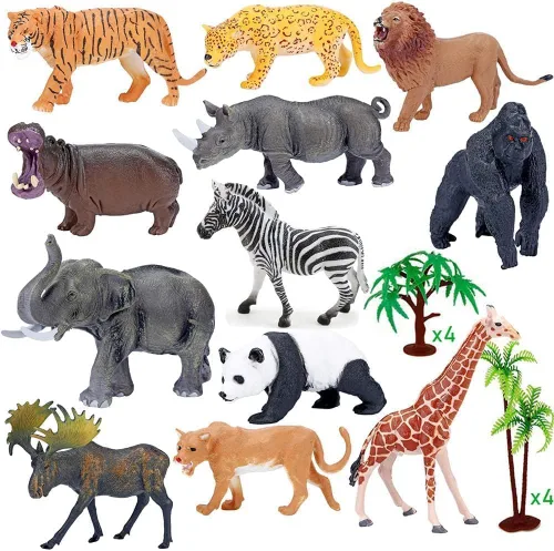 Miniatura 5 de BOLZRA Figuras de animales de safari con tapete de juego de actividades y caja de almacenamiento, juego gigante de plástico realista con león