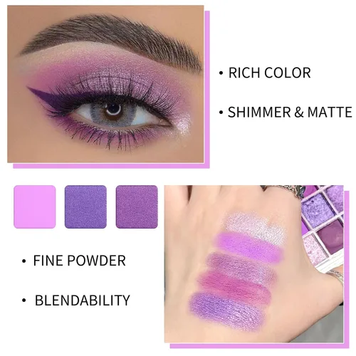 Miniatura 5 de Erinde Paleta de maquillaje de sombra de ojos de 9 colores con purpurina y lavanda brillante y mate, violeta, malva, púrpura oscura, plateado