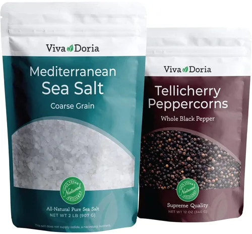 Viva Doria Tellicherry - Pimienta negra, pimienta negra entera, granos de pimienta negra, 12 onzas y sal marina mediterránea, grano grueso, 2