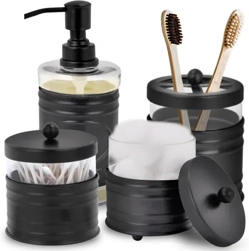 Autumn Alley Farmhouse - Juego de accesorios de baño negro mate (4 piezas) - Dispensador de jabón de loción, juego de soporte para cepillos de