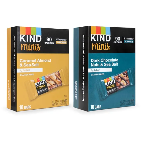 Kind Minis, paquete variado. Contiene 1 caramelo de almendras y sal marina, y 1 chocolate negro nueces y sal marina, bajo en calorías, sin gluten,
