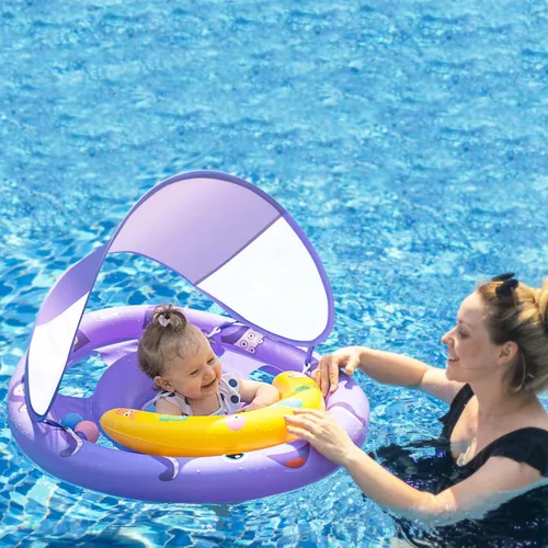Miniatura 5 de Flotador de piscina para bebé con toldo de protección solar extraíble UPF50+, flotadores de natación para bebés de 6 a 24 meses, diseño doble extra