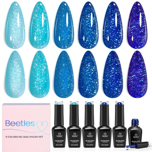 Miniatura 15 de Beetles - Juego de esmaltes de gel blanco y negro, 6 colores plateados, ojo de gato, purpurina brillante con imán, arte de uñas UV LED