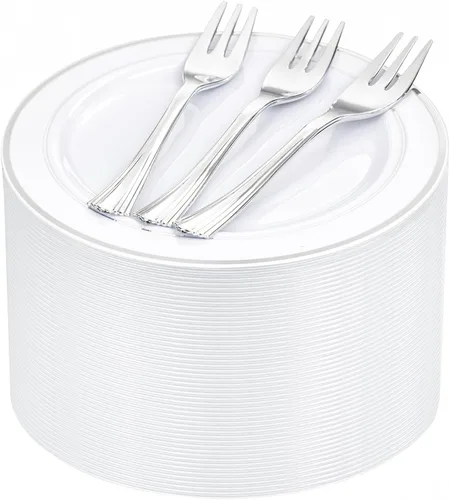Miniatura 13 de WELLIFE 100 platos de postre de plástico blanco y 100 tenedores desechables dorados, plato duro de postre de alta calidad de 7.5 pulgadas, platos