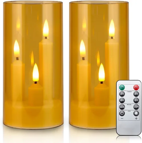 Enido Oro Juego de 2 Piezas Velas LED Sin Llama Cónicas 3-en-1 con Control Remoto, Juego de Pilares de Acrílico que Funcionan con Baterías, Luces