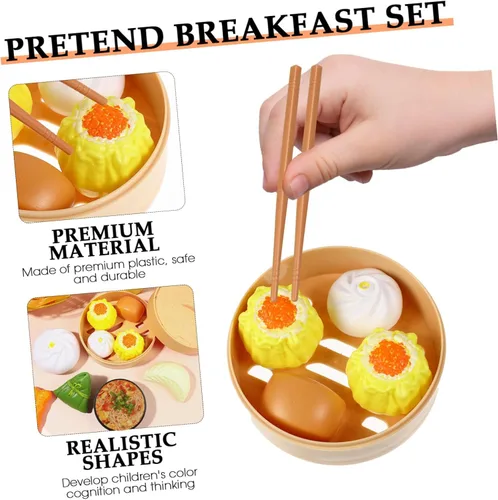 Miniatura 4 de Ipetboom Juego de 2 juegos de comida de juguete, juego de cocina, 26 piezas de desayuno chino al vapor, juego de comida para niños, familia, juego