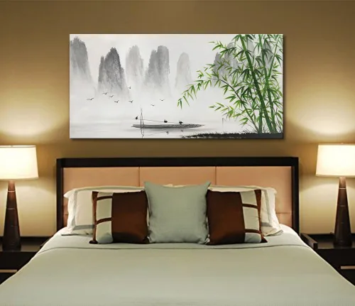 Miniatura 6 de Pintura Shanshui China en Blanco y Negro, Arte de Pared de Paisaje Verde Bambú, Obra de Arte en Lienzo