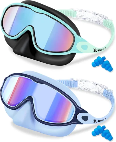 Keary - Paquete de 2 gafas de natación para niños con cubierta nasal, anti-UV, antiempañamiento, para piscina y agua, para niños de 3 a 12 años,