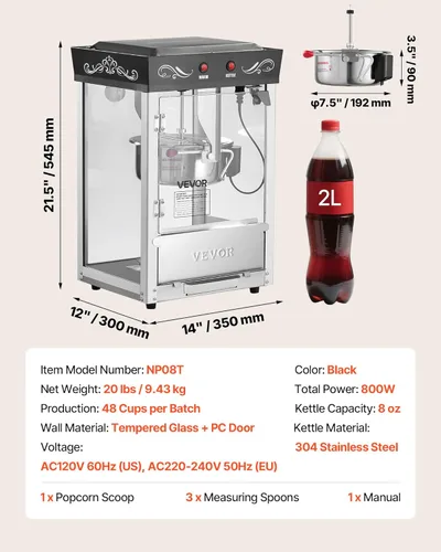 Miniatura 7 de VEVOR Máquina de palomitas de maíz, hervidor de acero inoxidable de 8 onzas, máquina comercial de palomitas de maíz de 800 W, 48 tazas por lote Negro