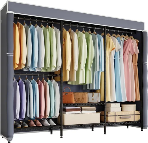 Miniatura 11 de Higeego H8 Perchero con Cubierta, Armario Portátil para Colgar Ropa, Perchero de Ropa Resistente Organizador y Almacenamiento de Armario, Estante
