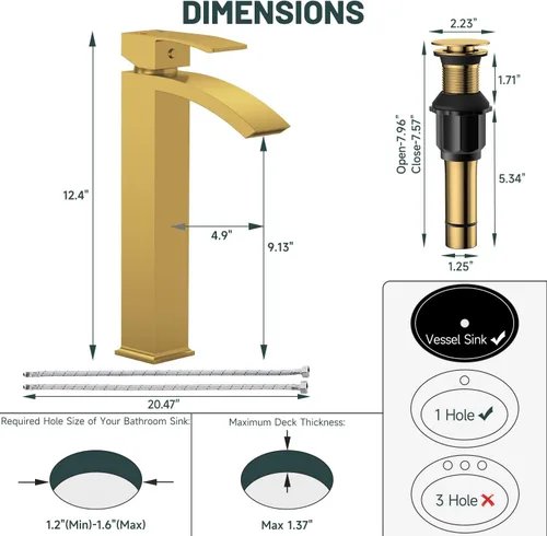 Miniatura 2 de Grifo de lavabo de vaso en oro cepillado, grifos de baño estilo cascada, grifos de baño de una sola manija y un solo agujero de boquilla alta