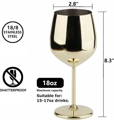 Miniatura 5 de Arora Copa de vino de acero inoxidable de 18 onzas, juego de 4 unidades, doradas, 3.6 pulgadas de profundidad x 8.3 pulgadas de alto (850978)