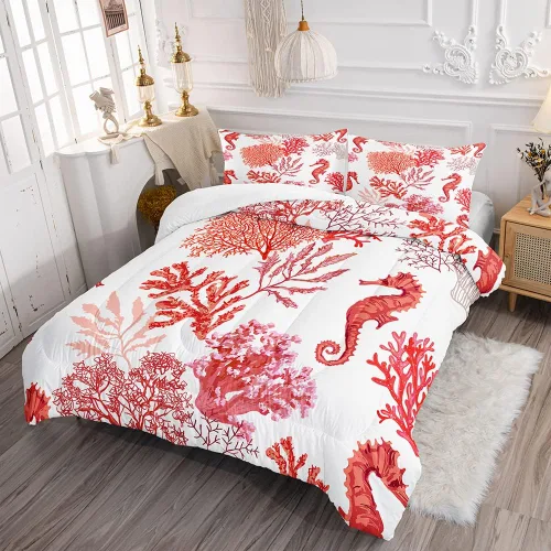 Miniatura 2 de Suncloris Juego de edredón coral océano para niños y adultos, edredón tamaño Queen con temática de hipocampo tropical rojo con 2 fundas de almohada