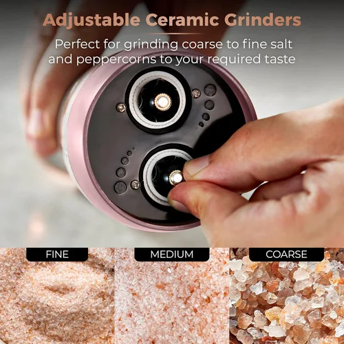 Miniatura 6 de Tower T847004PNK Molinillos eléctricos de sal y pimienta, funcionan con pilas con molinillos de cerámica ajustables, oro rosa y rosa