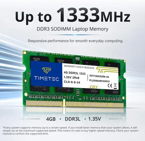 Miniatura 2 de Timetec 4 GB DDR3 / DDR3L 1333MHz PC3-10600 sin ECC sin búfer 1.5 V/1.35 V CL9 2Rx8 de doble rango baja densidad 204 pines SODIMM portátil portátil