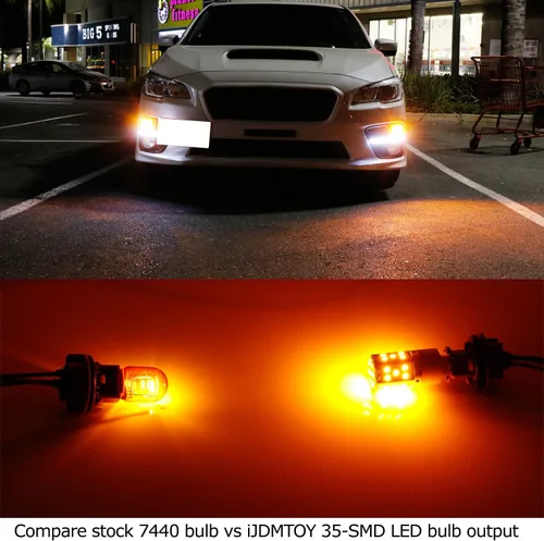 Miniatura 2 de iJDMTOY 7440 T20 Paquete de 2 bombillas de LED de 21 watts, sin resistencia ni hiper-flasheo, de alta potencia, luz color ámbar, para señal de giro
