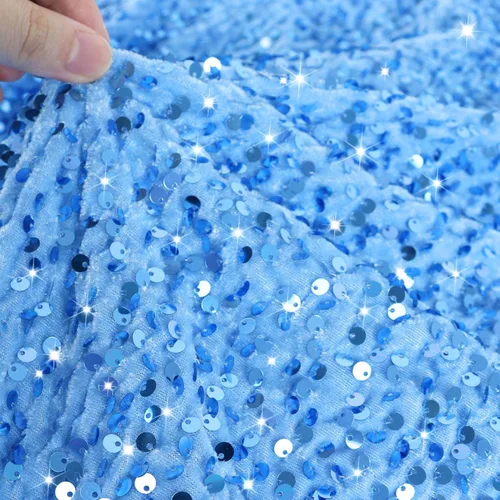 Tela de lentejuelas por yarda, tela elástica de terciopelo azul claro de 1 yarda, tela de lentejuelas y bordada, tela abatible de lentejuelas de