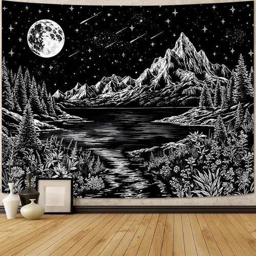 Miniatura 14 de Zussun Tapiz blanco y negro con noche estrellada, tapices de montaña para dormitorio, estética de luna y estrellas, tapiz para colgar en la pared