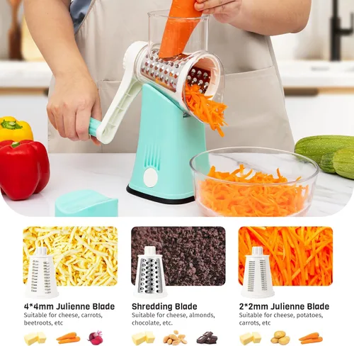 Miniatura 4 de Rallador de queso rotativo de 5 en 1 con manivela manual, rebanadora de verduras trituradora con 5 cuchillas intercambiables, ralladores para 5 in 1