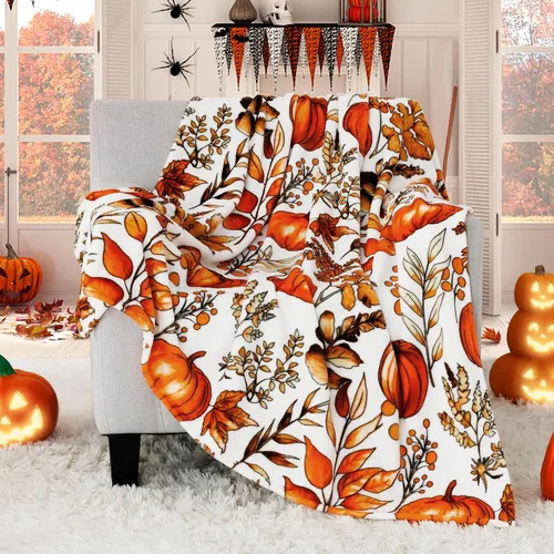 Miniatura 8 de ROMROL Manta de Halloween, manta de otoño, mullida, acogedora, suave, hojas de calabaza, manta de franela de felpa de forro polar, decoración