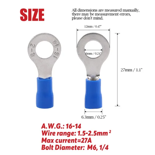 Miniatura 2 de Hilitchi 100 conectores de crimpado de cables eléctricos de anillo aislado 16-14AWG (azul, M6)