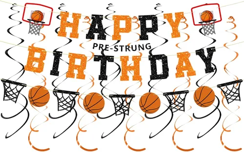 Decoraciones de fiesta de cumpleaños de baloncesto preencordadas, sin pancarta de feliz cumpleaños con purpurina, guirnalda de papel, remolinos
