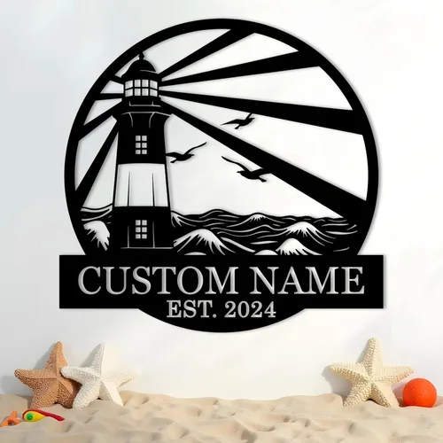 Letreros de faro de metal personalizados | Arte de pared de cabina al aire libre personalizado para playa costera | Letrero de apellido | Regalo de