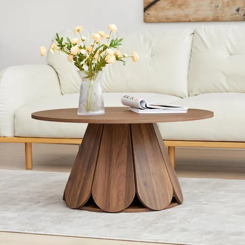 Miniatura 4 de Mesa de centro redonda, moderna mesa central circular de madera con base de pedestal para espacios pequeños, sala de estar, apartamento, nogal