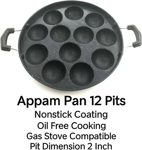 Miniatura 3 de Sartén antiadherente Appam – 12 hoyos con tapa de acero inoxidable para Appam, Paniyaram, Aebleskiver y Paddu Mango resistente al calor Appe Maker