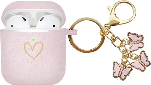 Miniatura 13 de Funda compatible con AirPods, funda de silicona suave con patrón de corazón dorado para AirPods de 2 y 1 generación con bonito llavero de mariposa