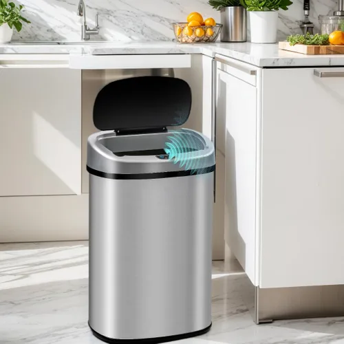 Miniatura 10 de Bote de basura automático de 13 galones con tapa, cubo de basura grande de acero inoxidable con sensor de movimiento, sin tacto, para cocina, Azul