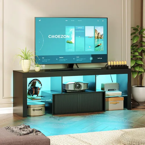 CHOEZON Soporte de TV con toma de corriente, mueble de TV moderno para televisores de 55 pulgadas y 60 pulgadas, consola de TV multimedia con tira