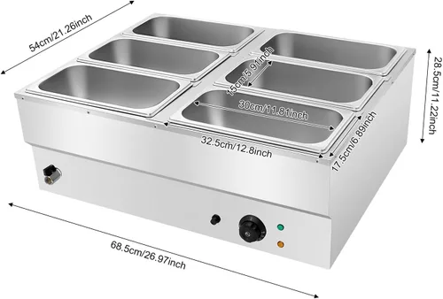 Miniatura 8 de Calentador de alimentos eléctrico comercial de 6 bandejas, 110 V, 850 W, de acero inoxidable, para encimera de bufé, vaporizador de vapor, mesa de 6