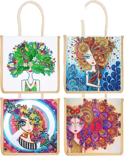 DOOSAI Paquete de 4 bolsas de lona de cabello verde rojo de tacón alto con diamantes de tacón alto, bolsas de lona bohemias 5D para bricolaje,