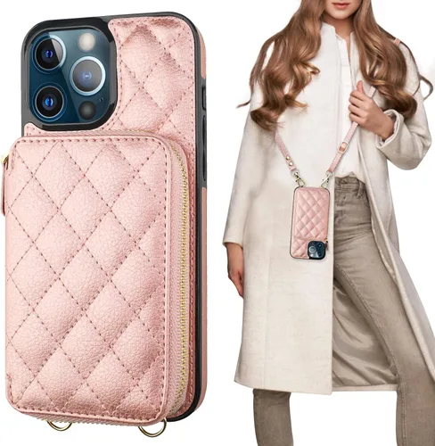 Miniatura 13 de Bocasal Funda tipo cartera con bandolera para iPhone 13 Pro Max, cartera de cuero PU con cierre de cremallera y bloqueo RFID, funda tipo folio