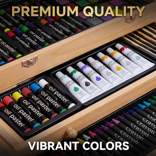 Miniatura 8 de Juego de 175 piezas de arte de madera de lujo con 2 almohadillas de dibujo, pinturas acrílicas, lápices de colores, lápices de colores, pincel, kit