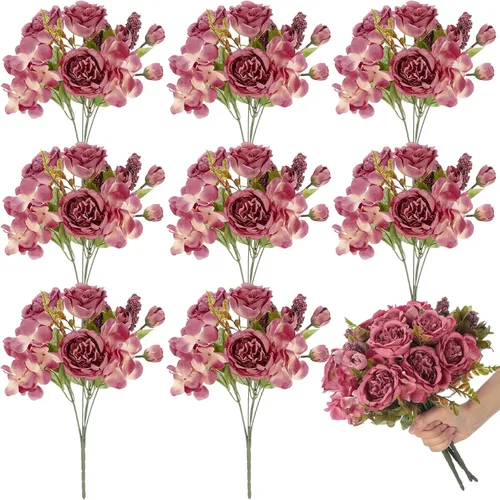 Yunsailing Paquete de 8 flores artificiales de peonía de seda sintética, ramo de hortensias vintage para boda, mesa del hogar para decoración de Rosa