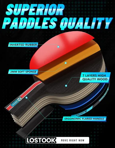 Miniatura 2 de Juego de 2/4 palas de ping pong profesionales de color negro con raquetas de tenis de mesa y 3 bolas de estrella, red de mesa de ping pong portátil