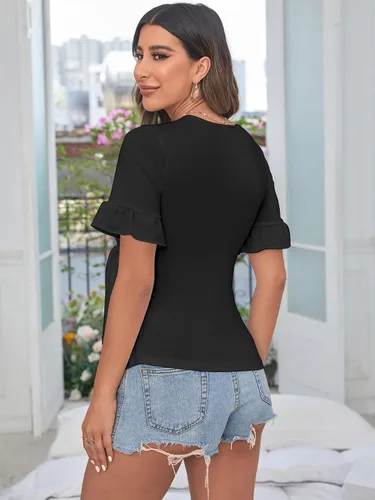 Miniatura 2 de SOLY HUX Women's Maternity Summer T Shirt Casual Ruffle Wrap V Neck Tie Front Pregnancy Tee Top