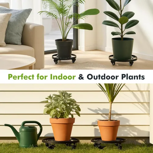 Miniatura 4 de Paquete de 3 posavasos de metal para plantas de 10.6 pulgadas, con ruedas, soporte rodante resistente para plantas con ruedas para interiores y Negro