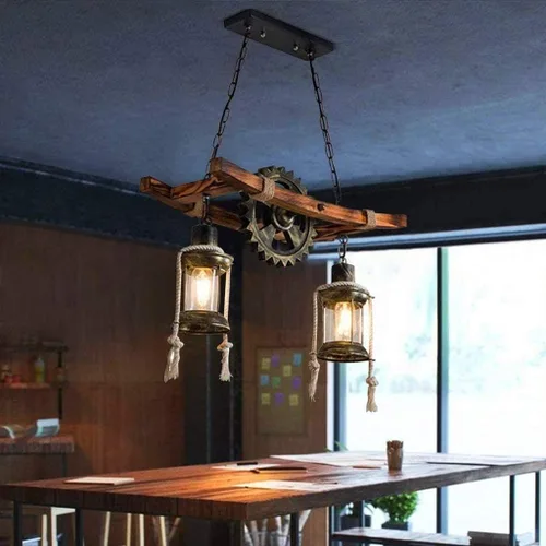 Miniatura 4 de Iluminación Colgante Retro de Madera Lámpara de Araña Industrial Vintage de Metal Negro Dormitorio Restaurante Lámpara de Suspensión Marco de Jaula