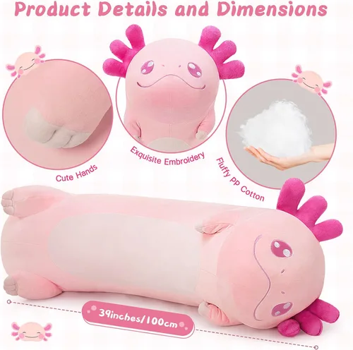 Miniatura 5 de Tezituor Almohada corporal larga de ajolote de felpa, 39.5 pulgadas, animal de peluche de ajolote rosa gigante, almohada suave para abrazar