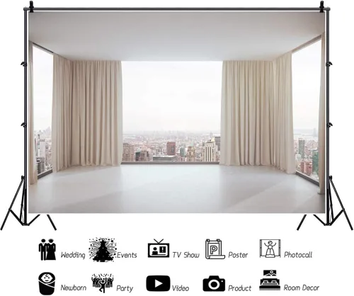 Miniatura 2 de 5 x 3 pies, ventana francesa, vista de fondo, paisaje de la ciudad, interior moderno, cortinas blancas para habitación, fotografía, telón de fondo